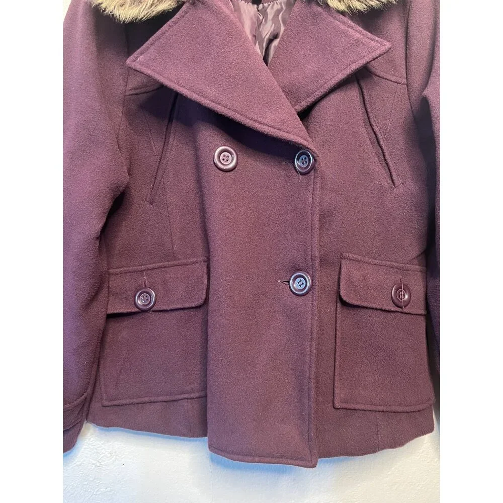 Dollhouse Women's Burgundy Peacoat Jacket Faux Fur Collar XL Double Breasted - Picture 5 of 16